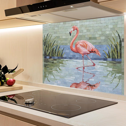 Kitchen with a decorative flamingo backsplash
