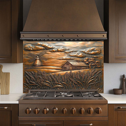 Rustic tempered glass backsplash with farmhouse, windmill, and wheat field in copper tones