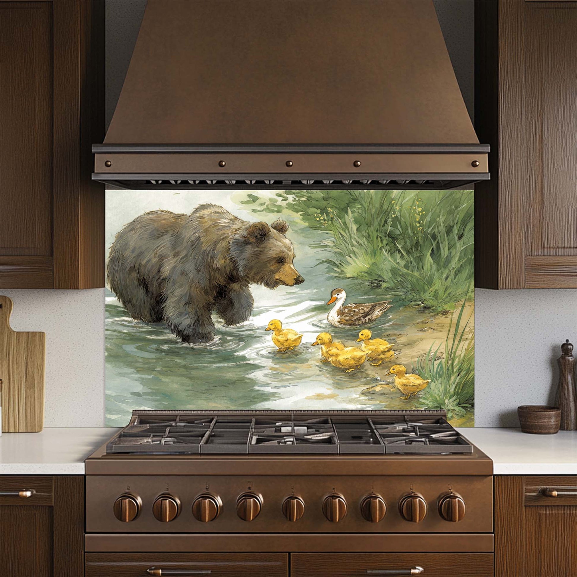 Kitchen stove with a decorative glass backsplash featuring a bear and ducks