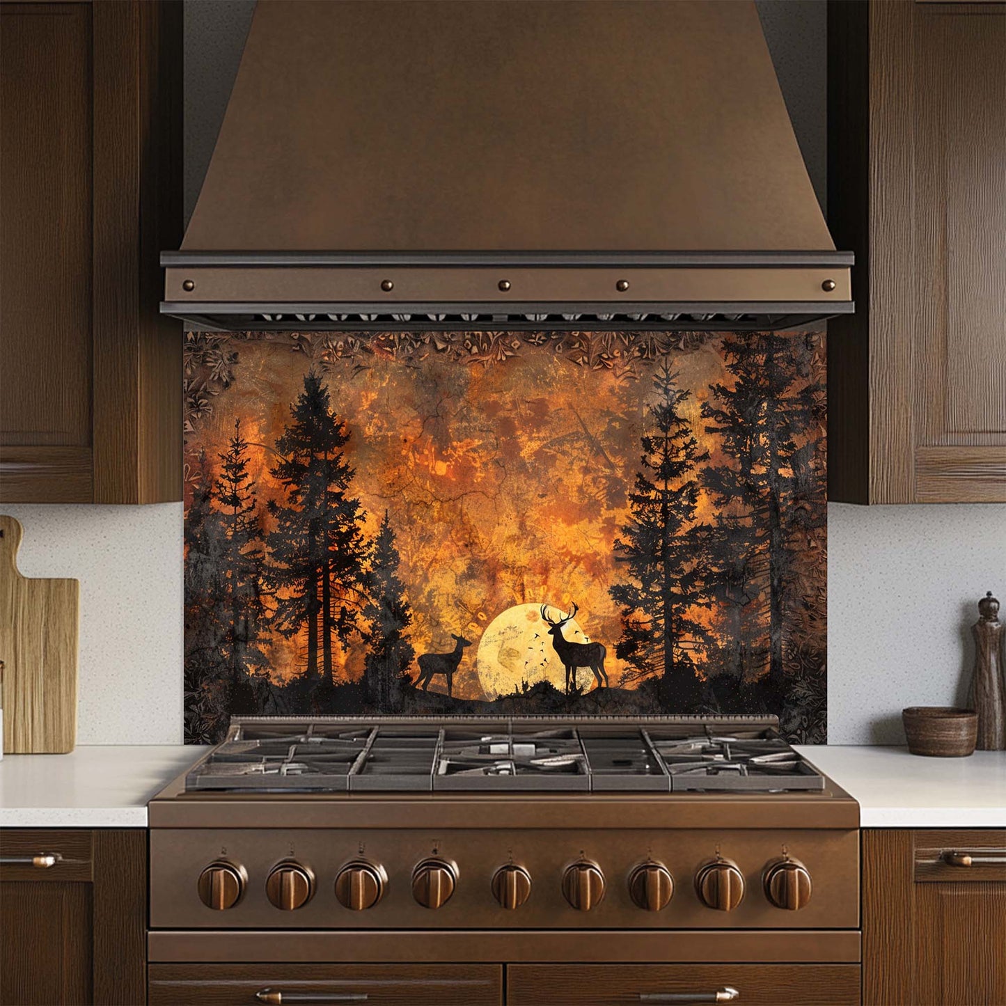Kitchen stove with a decorative backsplash featuring a forest scene with deer.