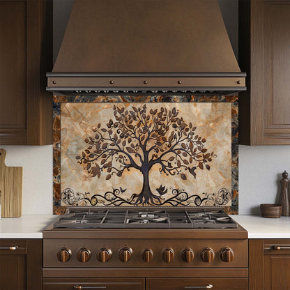 Stainless steel stove with decorative tree design on the glass backsplash in a kitchen setting.