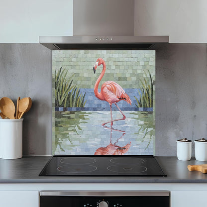 Kitchen with a decorative flamingo backsplash panel.
