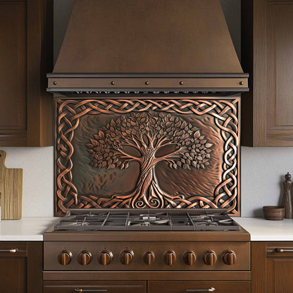 Custom tempered glass backsplash with copper look tree of life design knot border