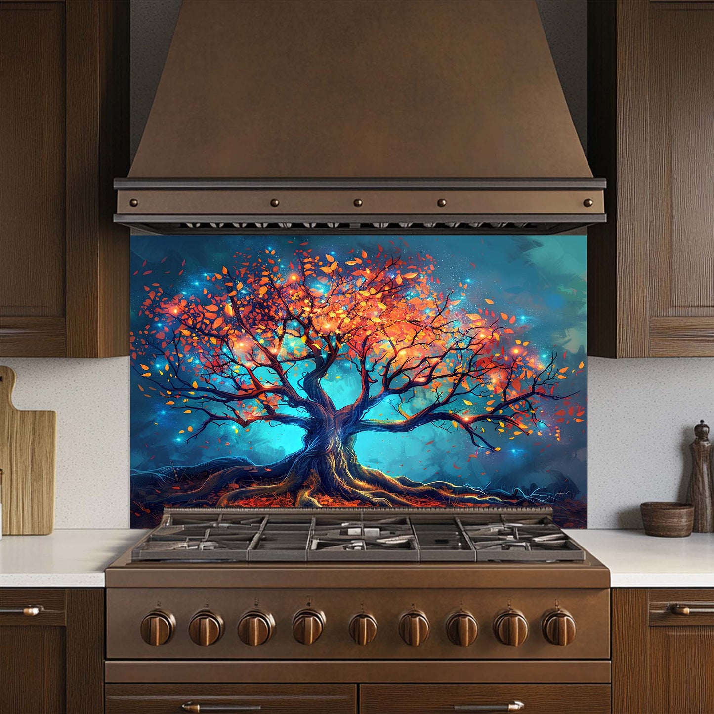 Kitchen stove with a colorful tree mural on the glass backsplash