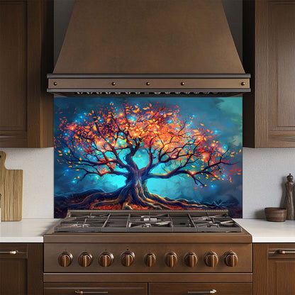 Kitchen stove with a colorful tree mural on the glass backsplash