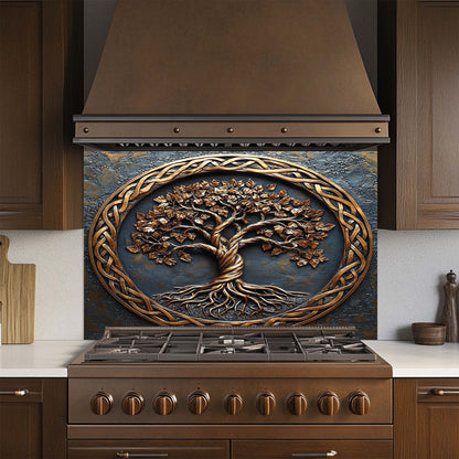 Decorative kitchen backsplash with tree design above a stove