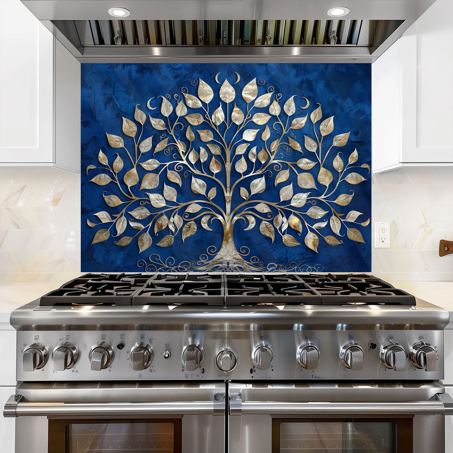 Stainless steel stove with decorative glass splashback featuring a tree design on a blue background.