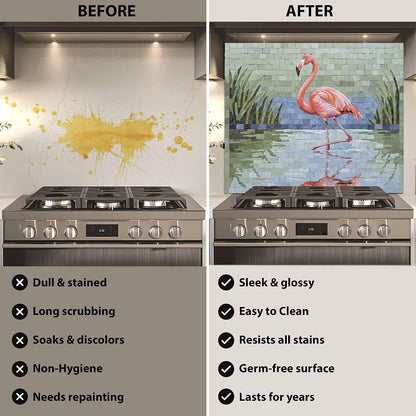 Before and after comparison of a stove with a decorative backsplash.