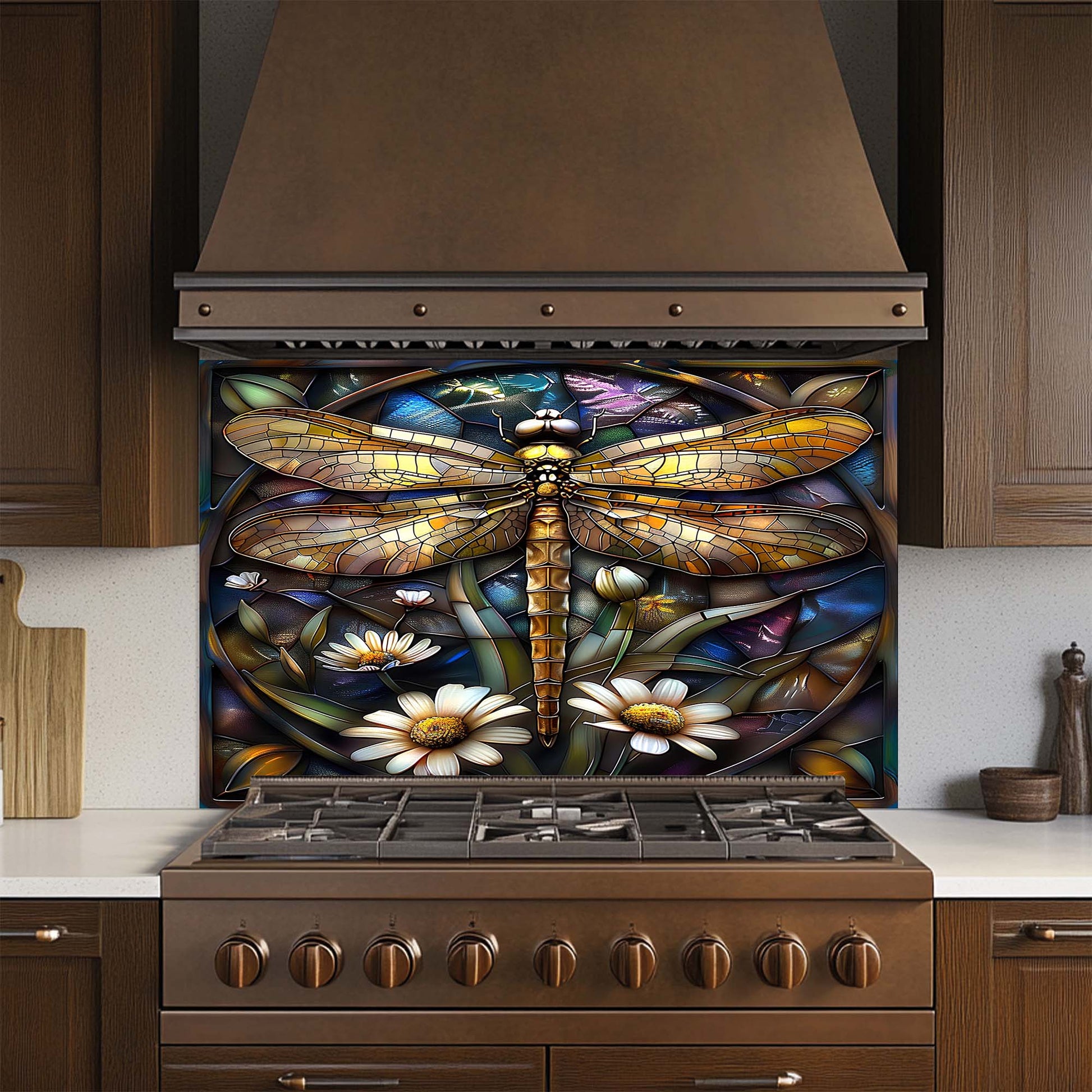 Stainless steel stove with a decorative glass backsplash featuring a dragonfly and floral design.
