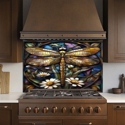 Stainless steel stove with a decorative glass backsplash featuring a dragonfly and floral design.