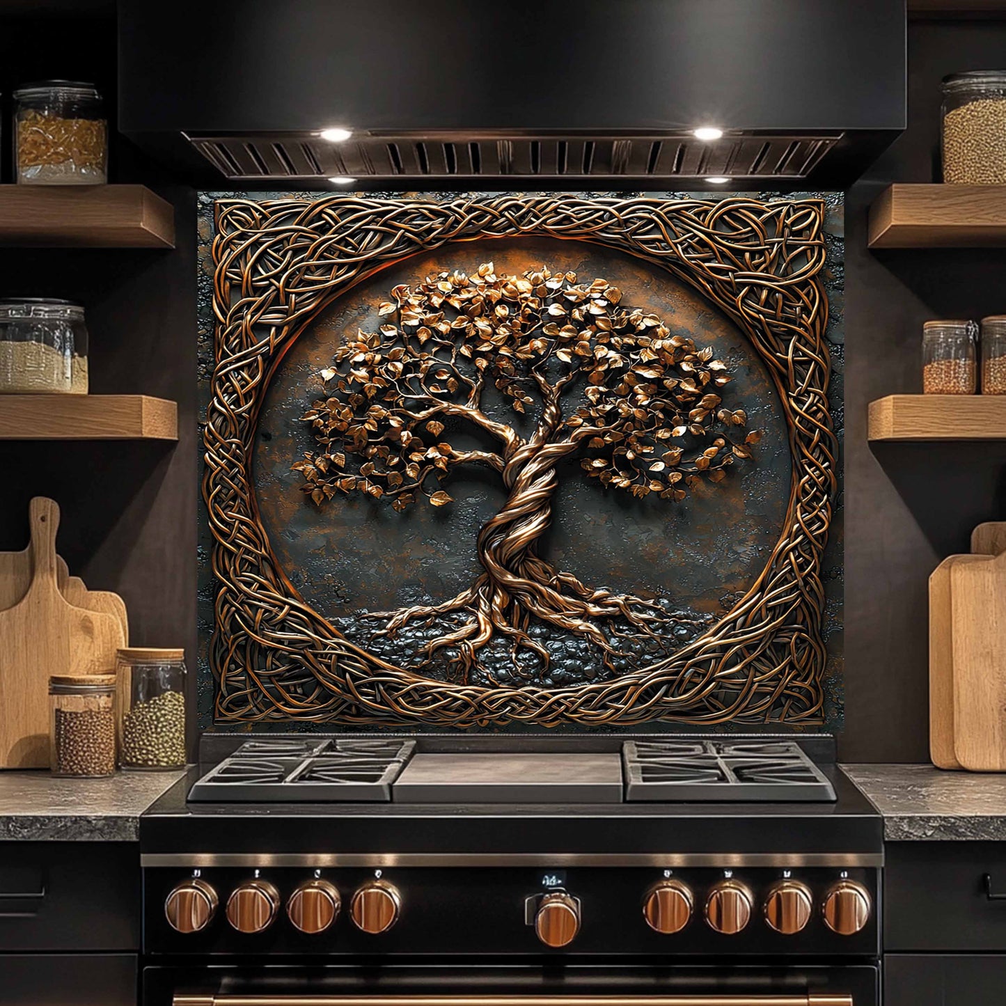Decorative backsplash with a tree design above a stove in a kitchen setting.