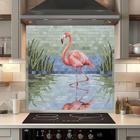 Kitchen backsplash with a flamingo design in a modern kitchen setting