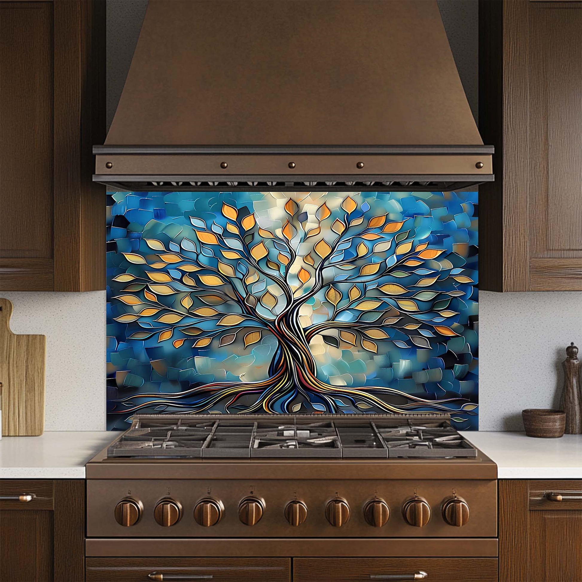 Decorative tree glass backsplash on a kitchen stove with wooden cabinets and appliances.