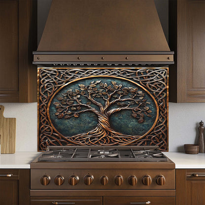 Decorative stove backsplash with tree design in a kitchen setting