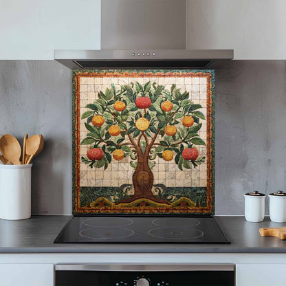 Kitchen backsplash with a decorative tile of a tree with fruits, above a stovetop.