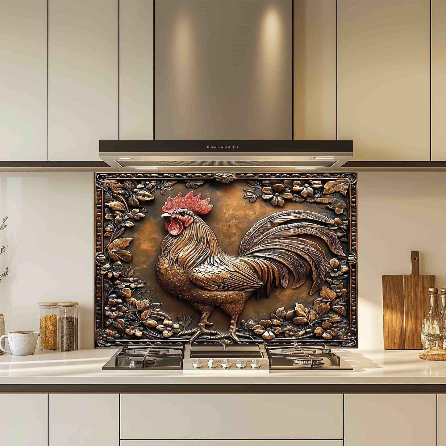 Decorative backsplash with a rooster design in a modern kitchen.