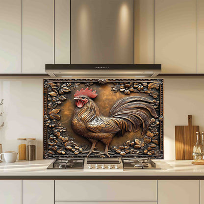 Decorative backsplash with a rooster design in a modern kitchen.