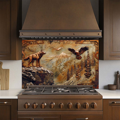 Kitchen stove with a decorative glass backsplash featuring wolves and an eagle.