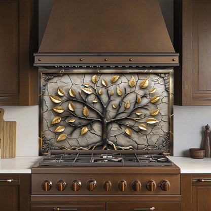 Stainless steel stove with decorative leaf pattern on the glass backsplash, set against a kitchen backdrop.