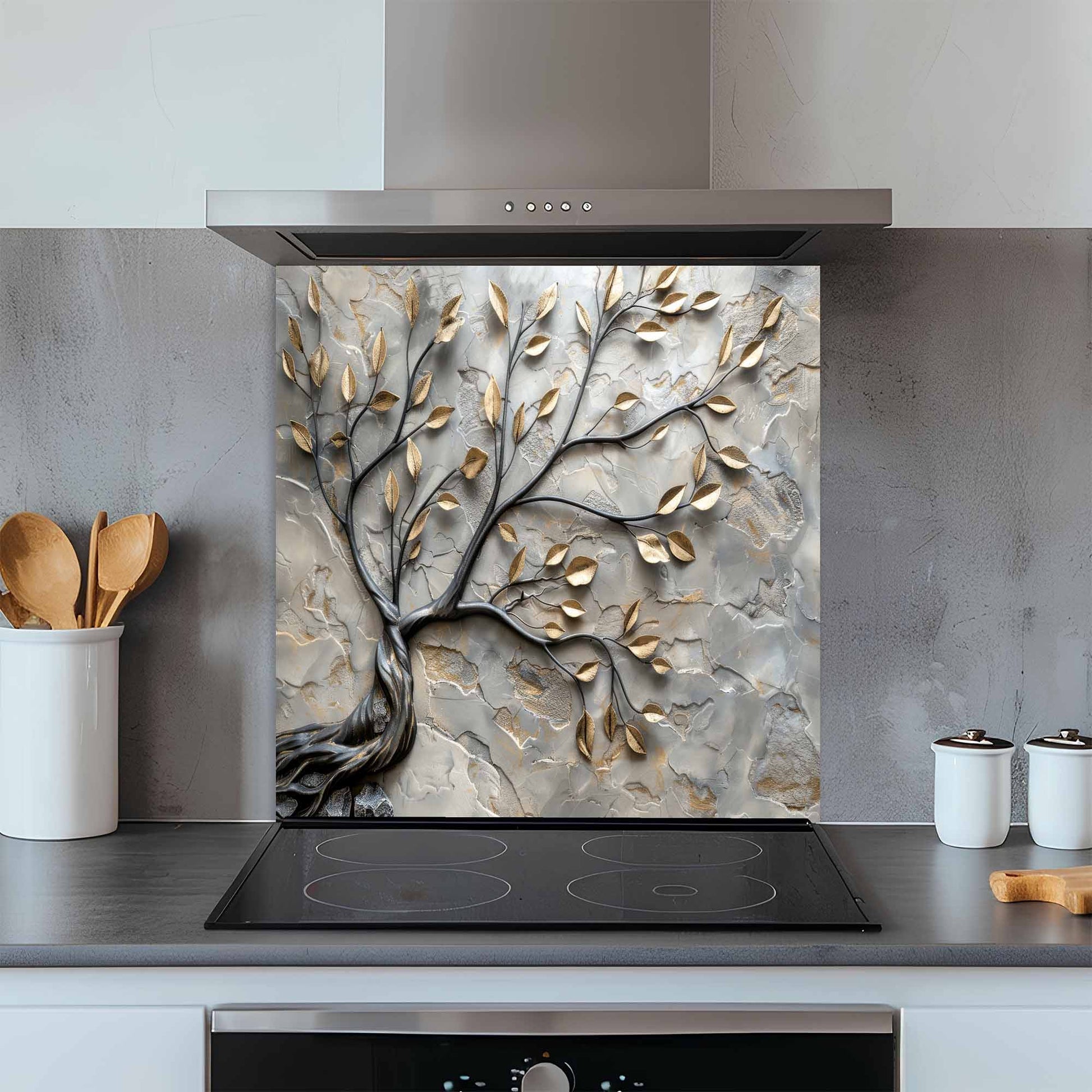 Decorative glass splashback with tree design in a kitchen setting