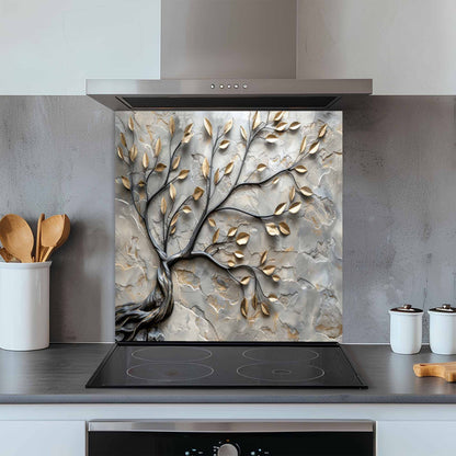 Decorative glass splashback with tree design in a kitchen setting