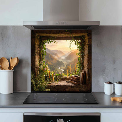 Kitchen with a decorative glass splashback featuring a mountain scene.