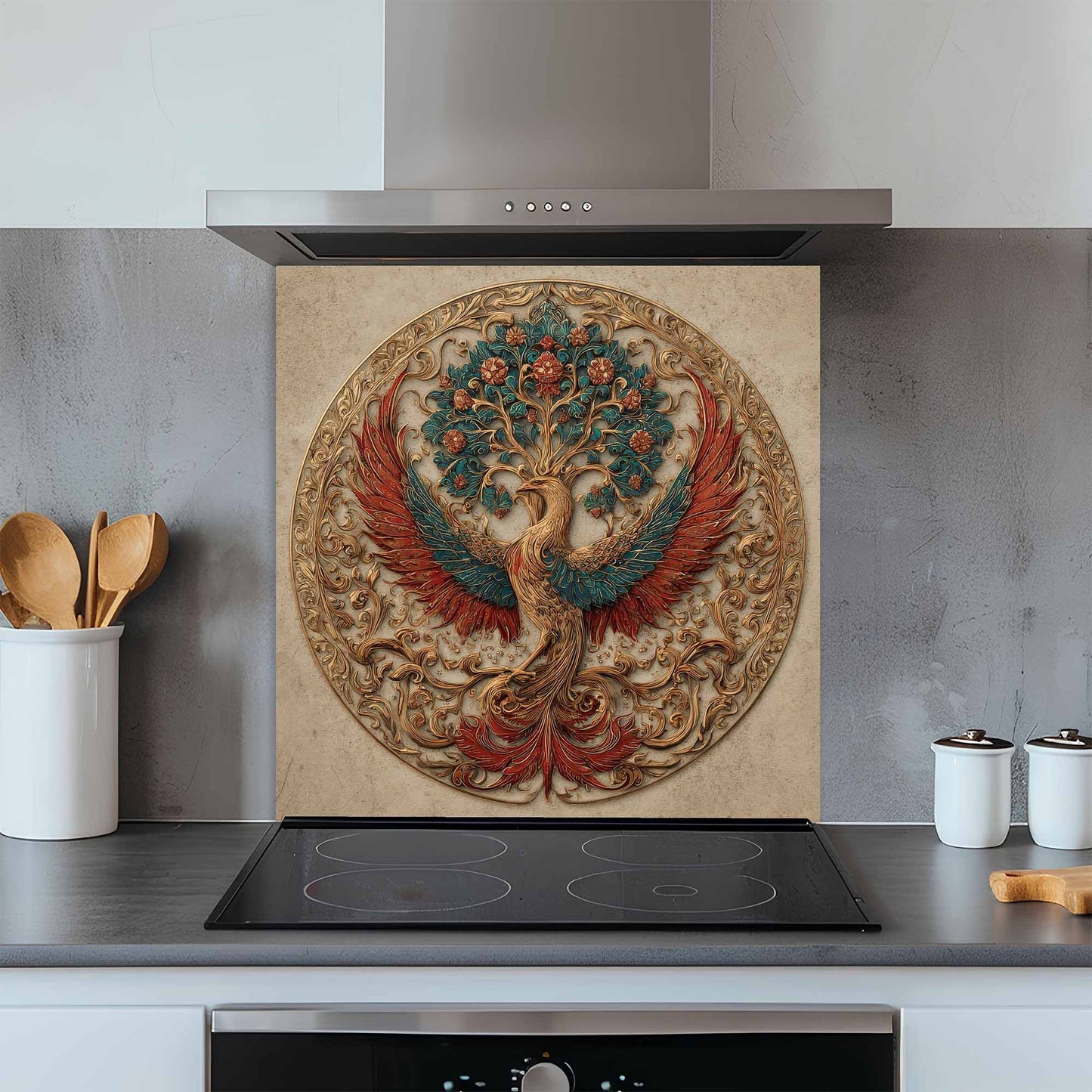 Decorative glass backsplash with a phoenix design above a kitchen stove.