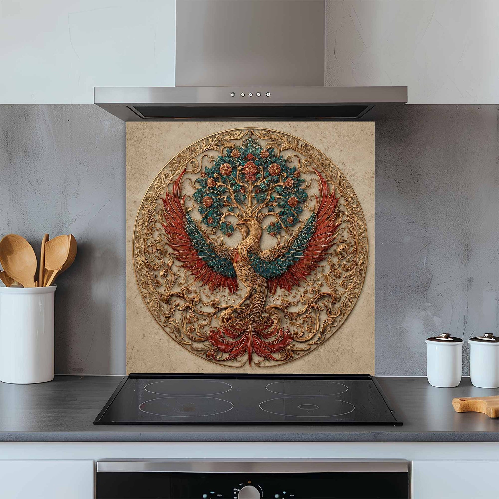 Decorative glass backsplash with a phoenix design above a kitchen stove.