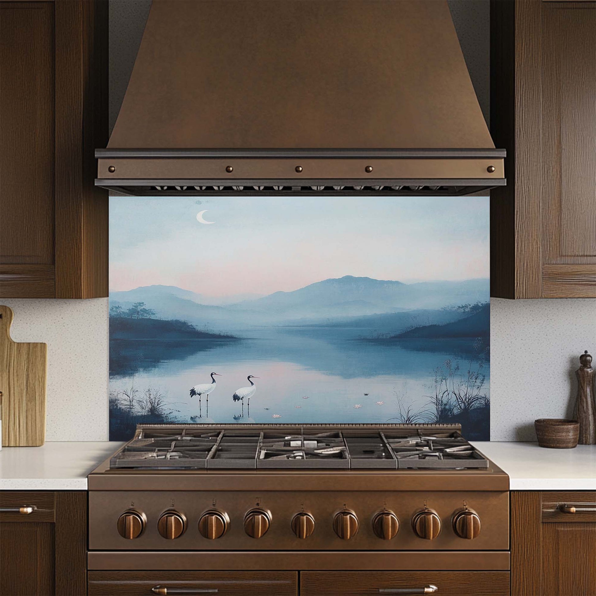 Tempered Glass Backsplash – Elegant Lake View with Cranes and Crescent Moon, Blue Serene Kitchen Backsplash