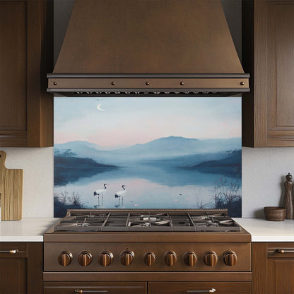 Tempered Glass Backsplash – Elegant Lake View with Cranes and Crescent Moon, Blue Serene Kitchen Backsplash