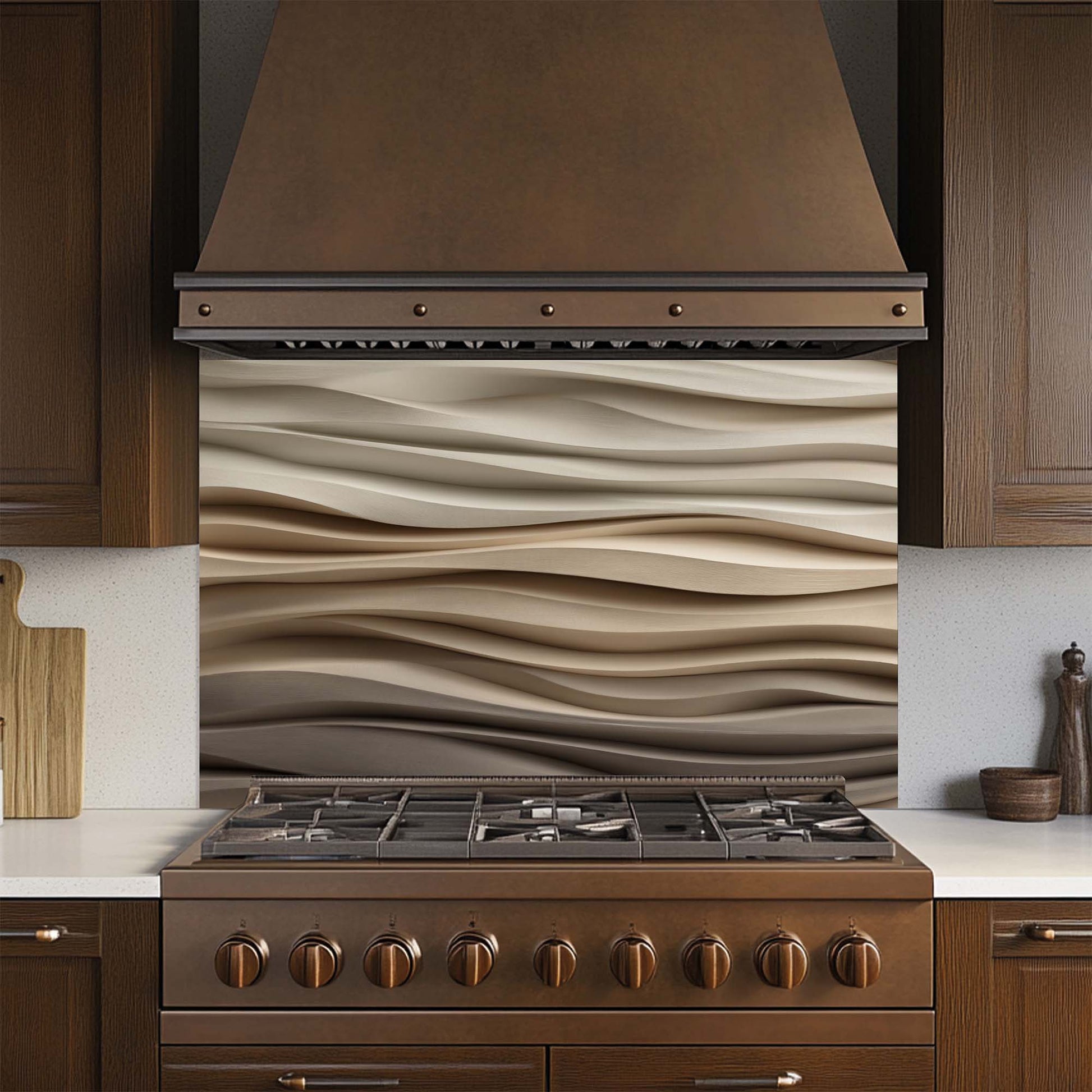 Kitchen stove with wavy patterned glass backsplash and wooden hood