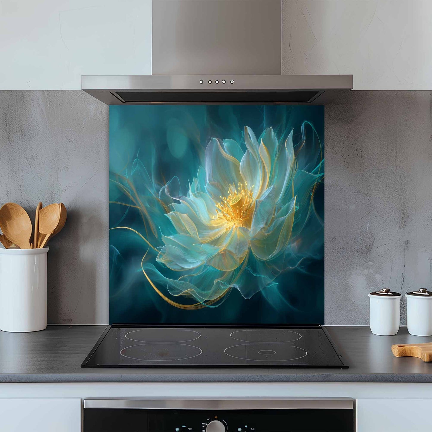 Kitchen with a decorative glass splashback featuring a lotus flower design.