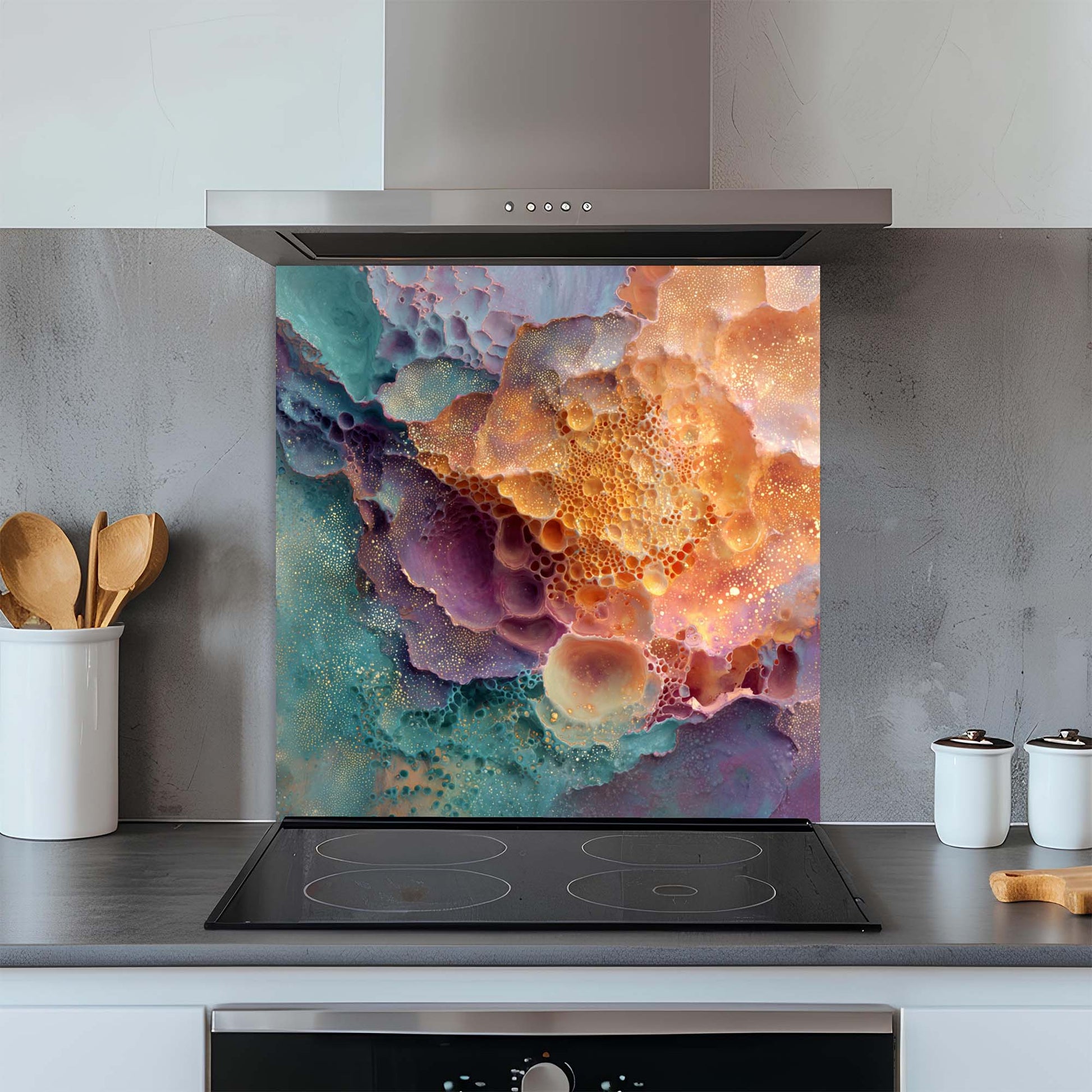 Kitchen with a colorful abstract design on a glass backsplash above a stove.