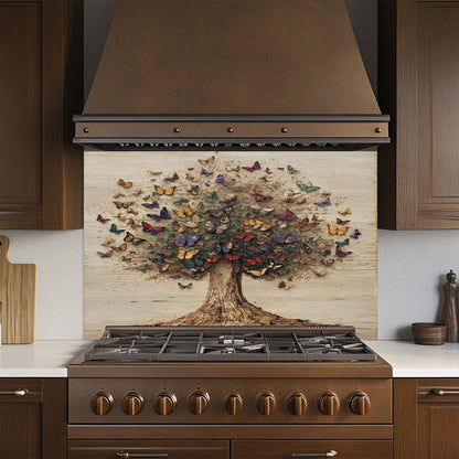 Butterfly Tree – Tempered Glass Backsplash for Kitchen | Colorful Tree of Life Backsplash