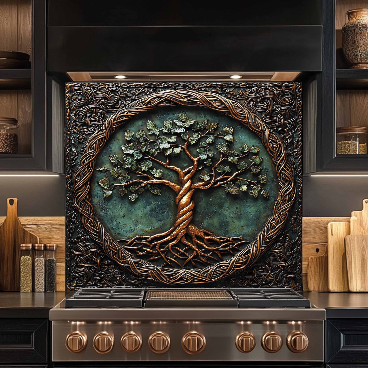 Tempered glass backsplash with a tree design above a stove in a kitchen setting.
