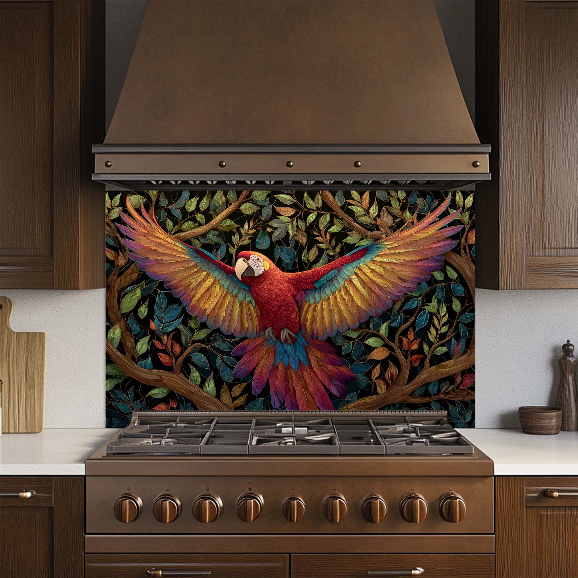 Kitchen stove with a colorful parrot design on the glass backsplash