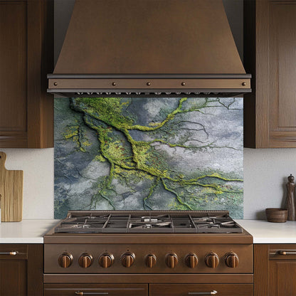 Kitchen stove with a decorative glass backsplash featuring green and gray abstract design.