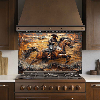 Kitchen stove with a decorative backsplash featuring a cowboy and horse design.