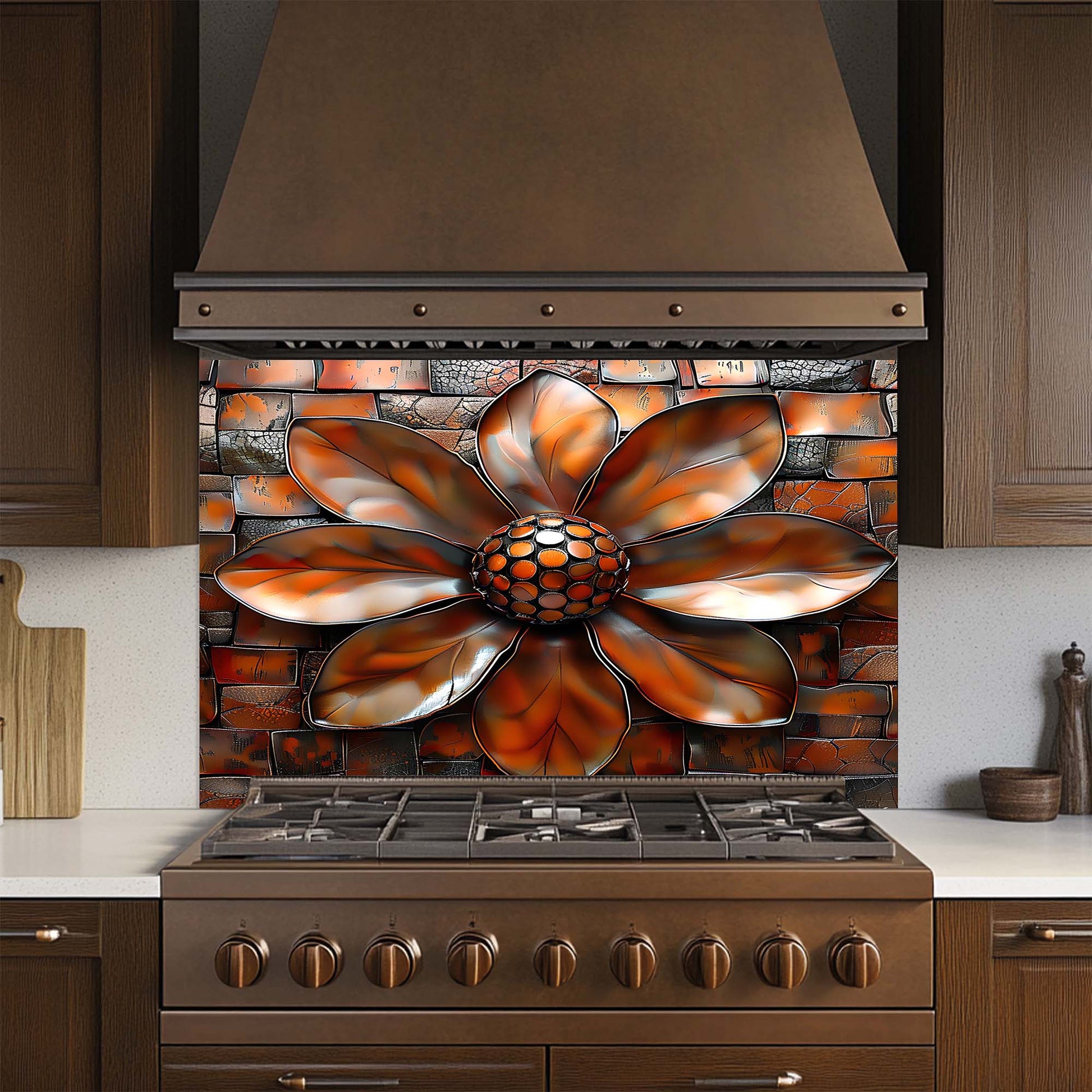 Stainless steel stove with decorative floral glass backsplash in a kitchen setting