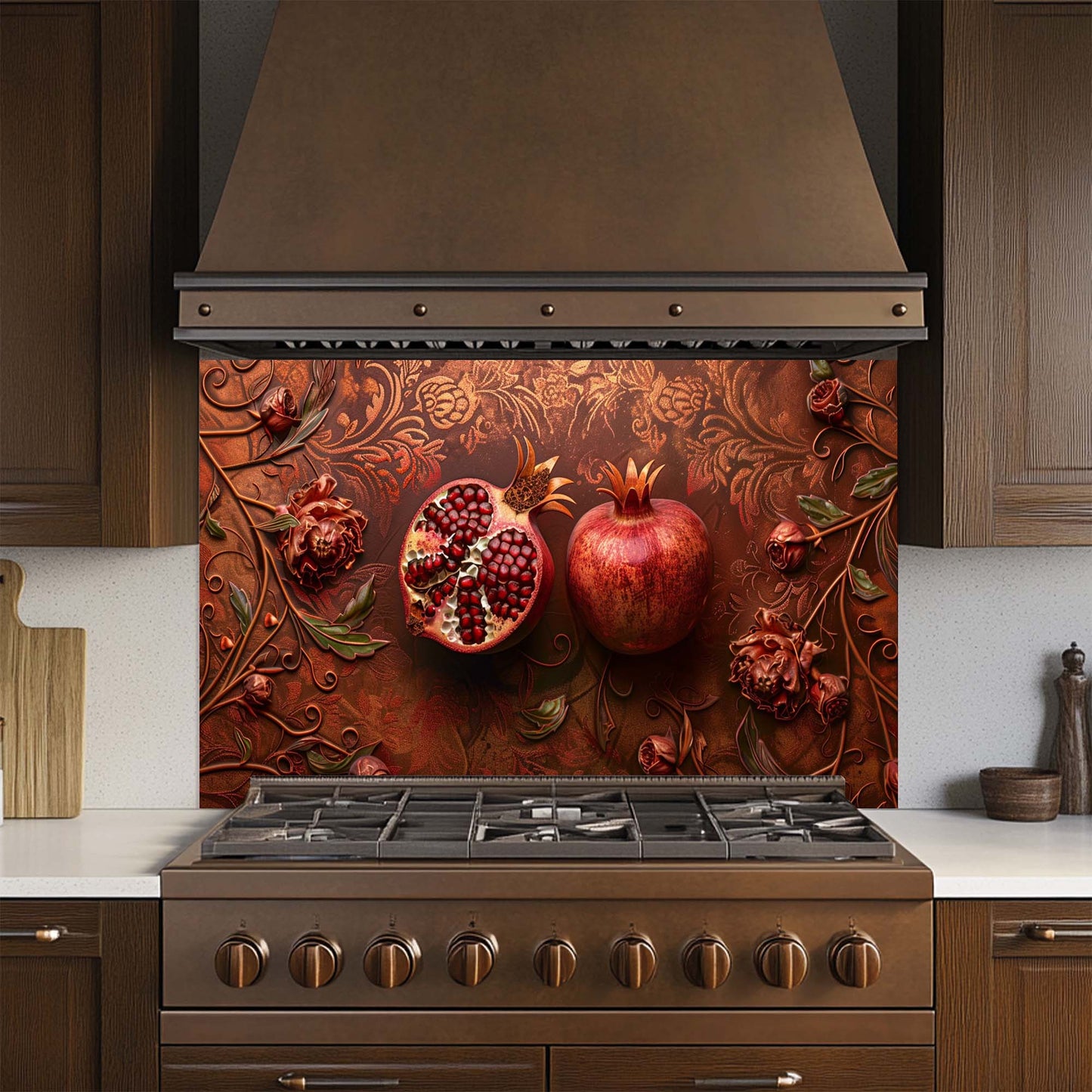 Decorative glass backsplash with pomegranates above a stove in a kitchen.