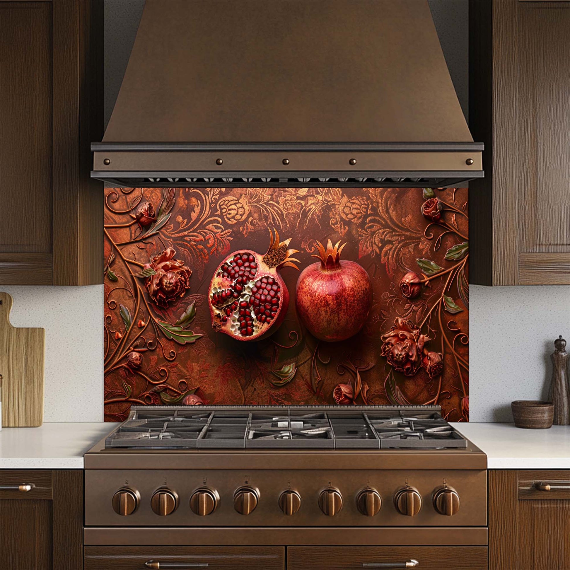 Decorative glass backsplash with pomegranates above a stove in a kitchen.