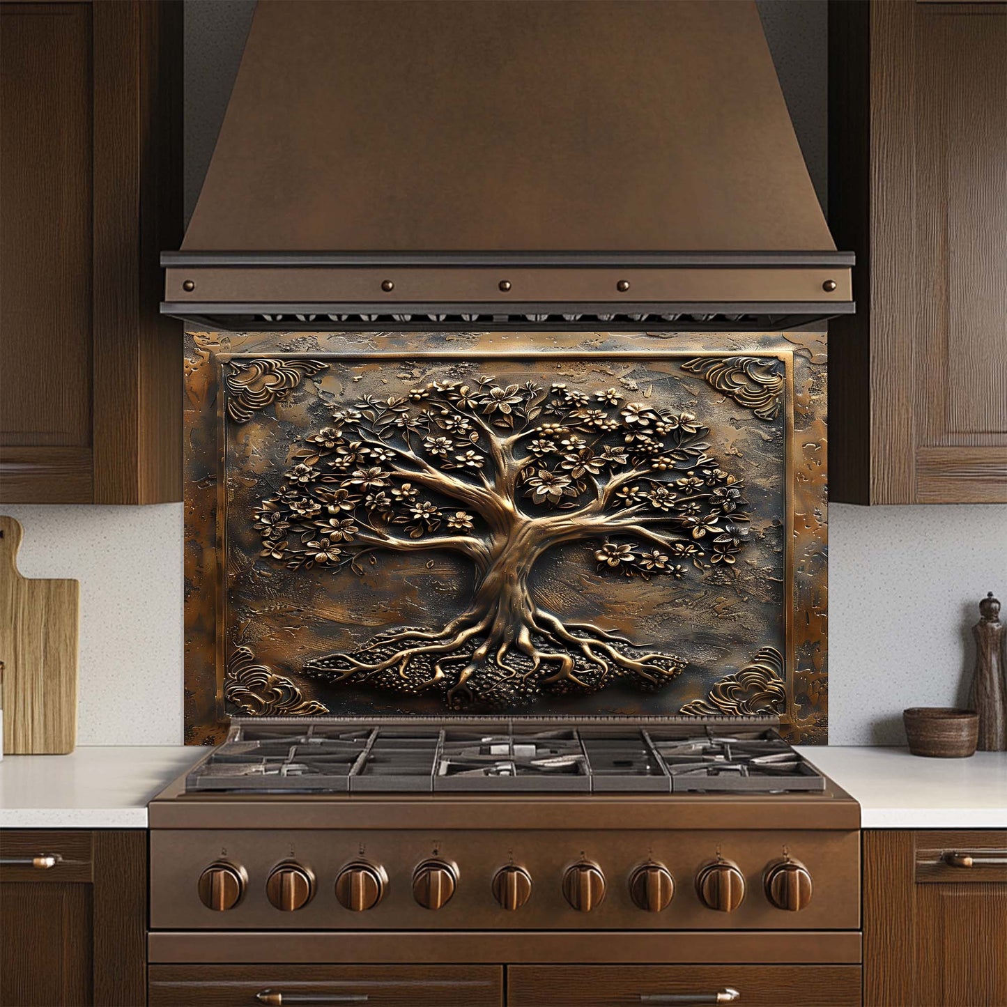 Decorative stove backsplash with tree design in a kitchen setting