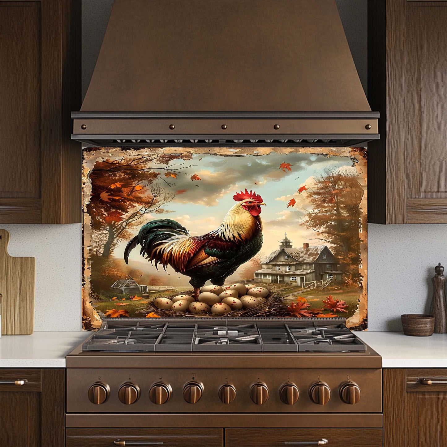 Stainless steel stove with a decorative glass backsplash featuring a rooster and landscape.