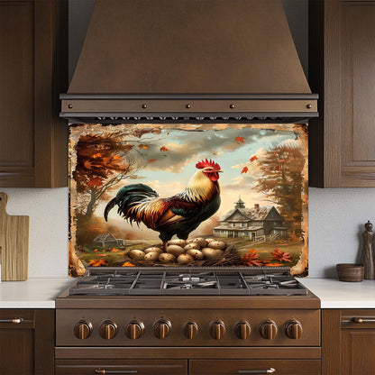 Stainless steel stove with a decorative glass backsplash featuring a rooster and landscape.