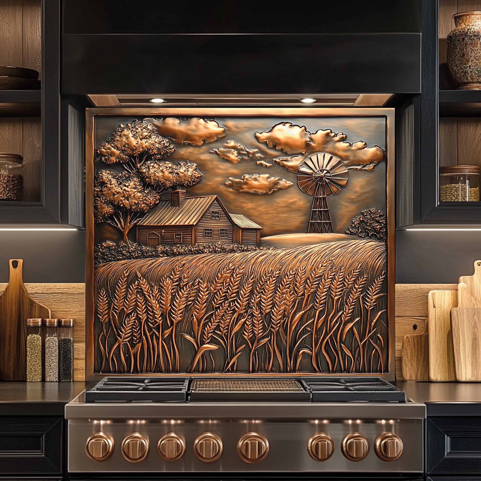 Decorative stove backsplash with a windmill and cabin design in a kitchen setting.