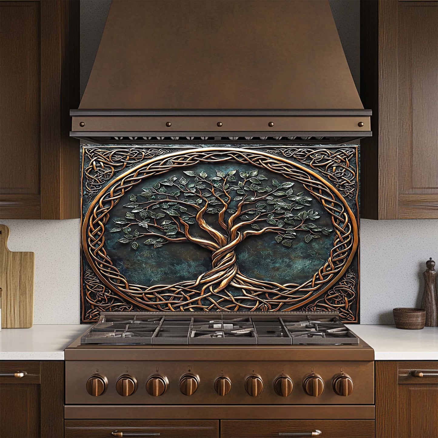 Decorative stove backsplash with tree design in a kitchen setting