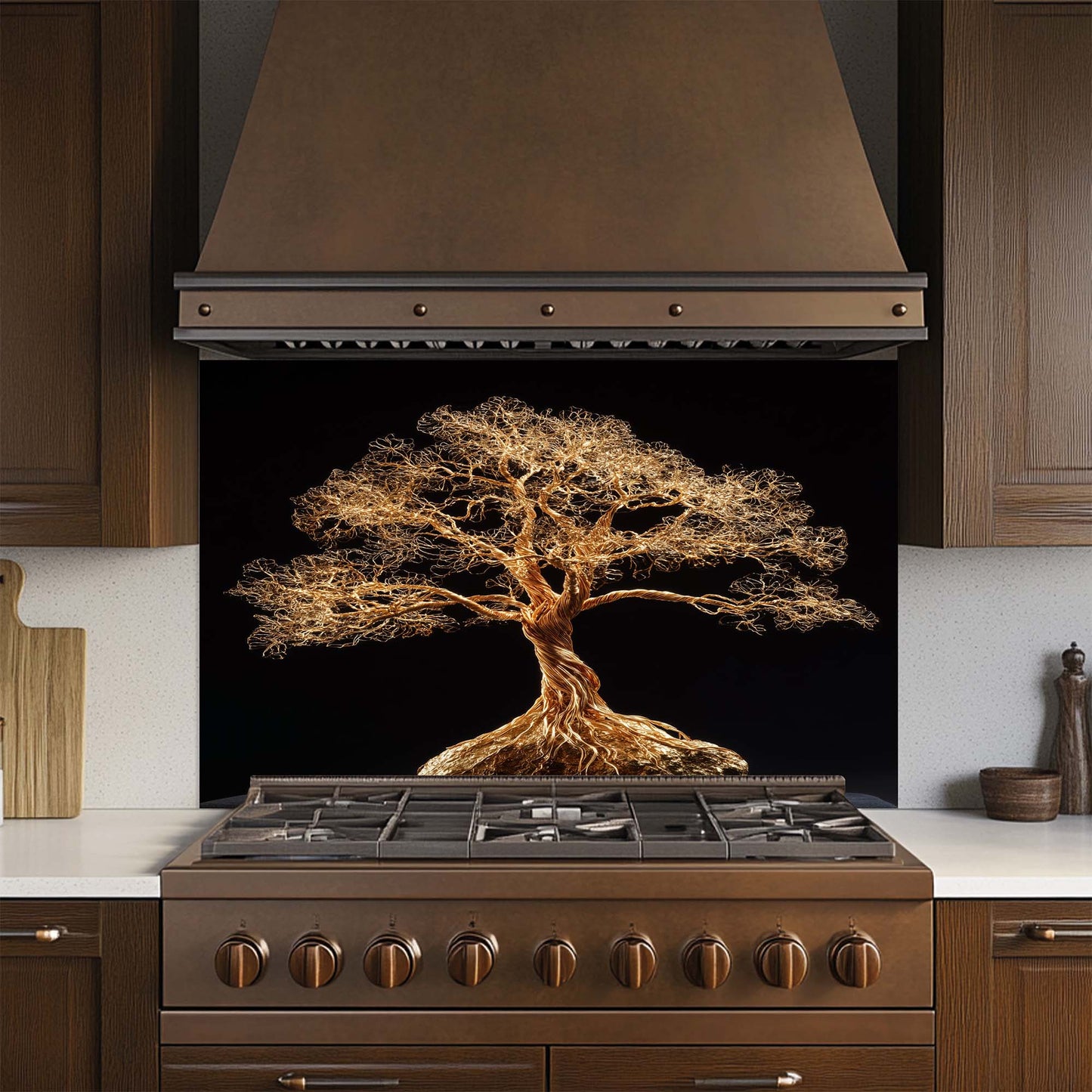 Striking gold wire tree design glass backsplash. Glossy tempered glass, heat-resistant, custom size available.
