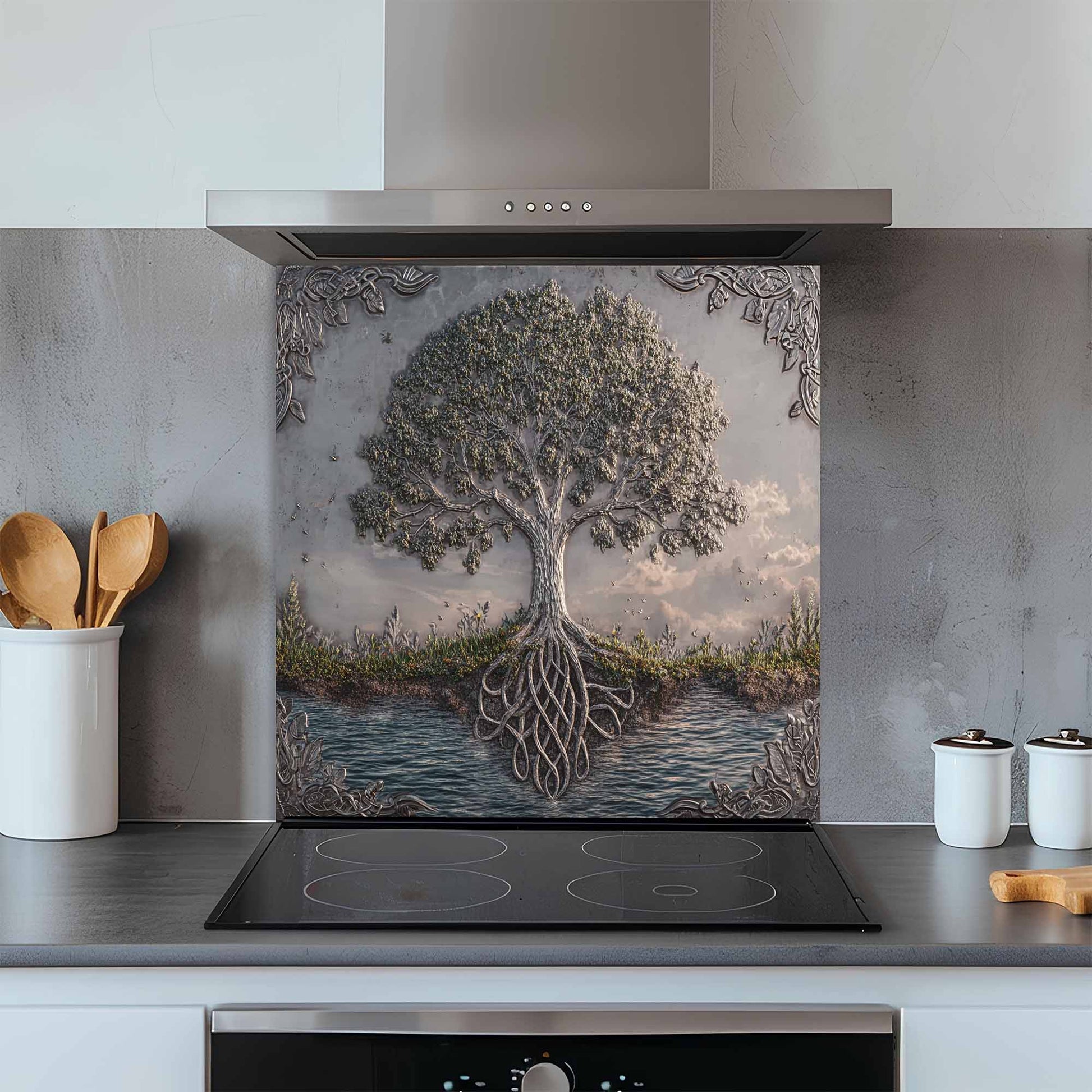 Kitchen with a decorative glass splashback featuring a tree design.