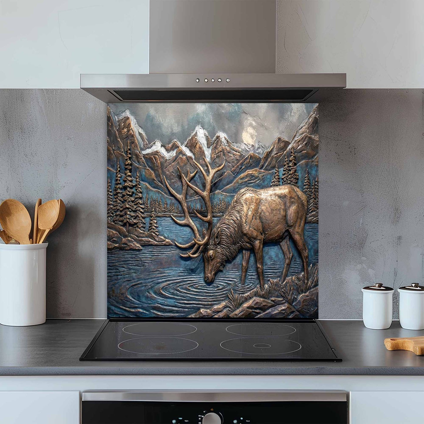 Decorative glass splashback with elk design in a modern kitchen