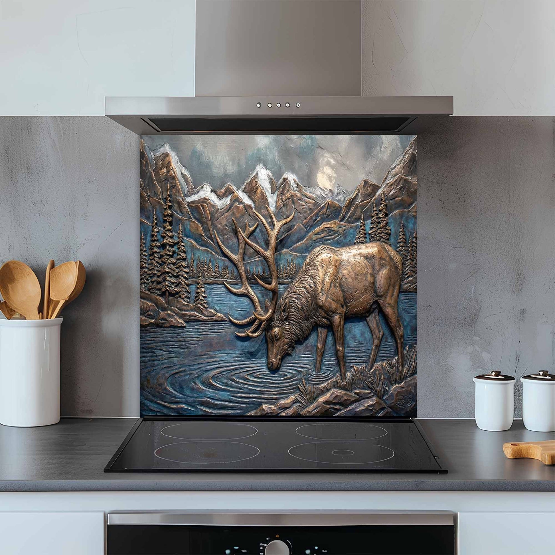 Decorative glass splashback with elk design in a modern kitchen